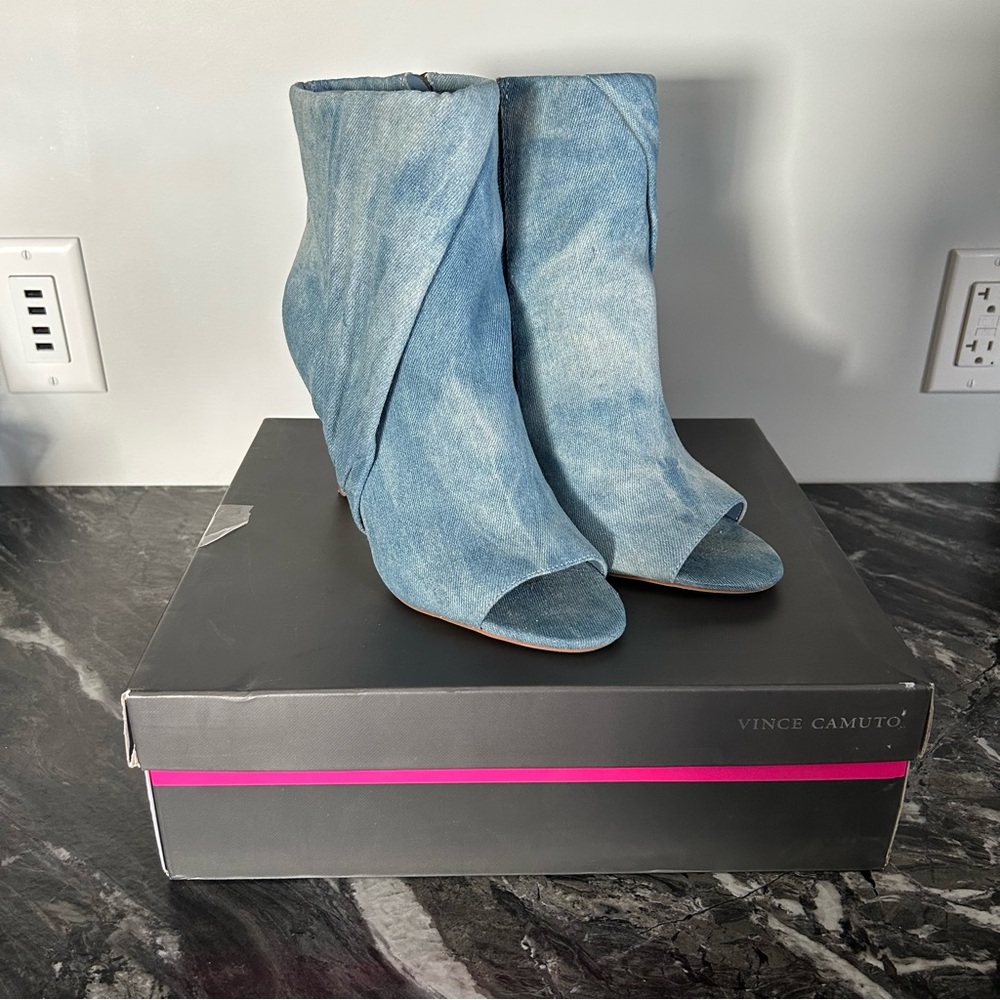 Vince Camuto Acid Wash Denim Bootie Heels